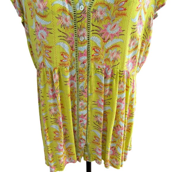 Vintage America Women's V-Neck Tunic Sz Large Chartreuse w/ Pink Floral - Picture 6 of 8